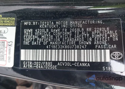 2006 Toyota Camry Std из США, поврежденный, VIN 4T1BE32K86U738247